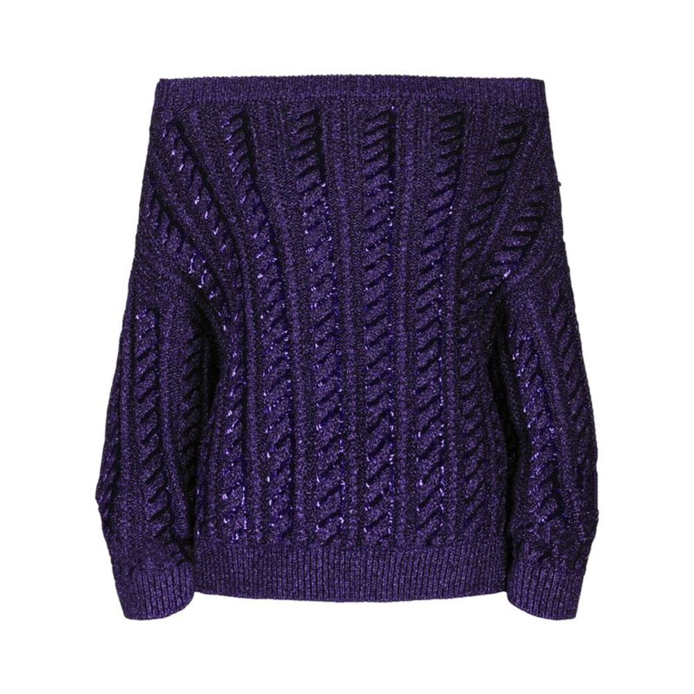 Valentino Off-The-Shoulder Metallic Cable Knit Sweater Purple Womens